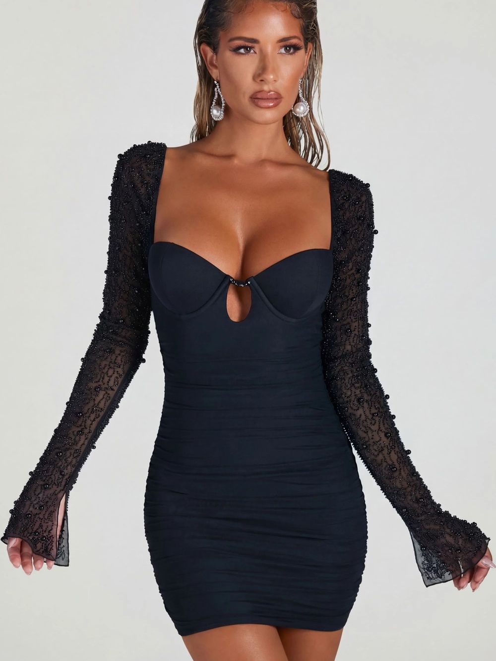 Oh Polly Black Beaded Long-Sleeve Bodycon Dress - Picture 1 of 3